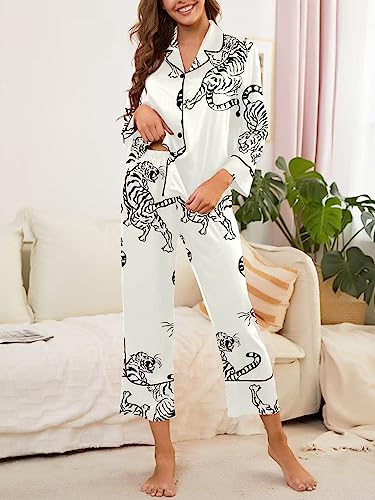 Image of Brosloth Women's Silk Satin Pajamas Pjs Sets Cute Lace Pattern Two Piece Loungewear Set Button Up Pajamas Sleepwear Black