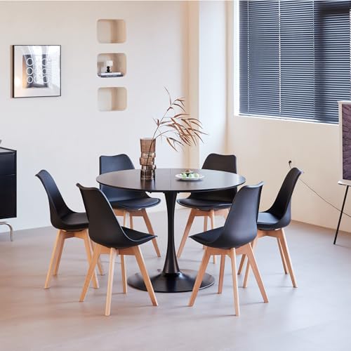 GrandCA HOME Juego de Mesa de Comedor Moderna con 6 Sillas, Mesa de Comedor Redonda de MDF Negro de 110 cm + 6 Sillas de Cocina Negro