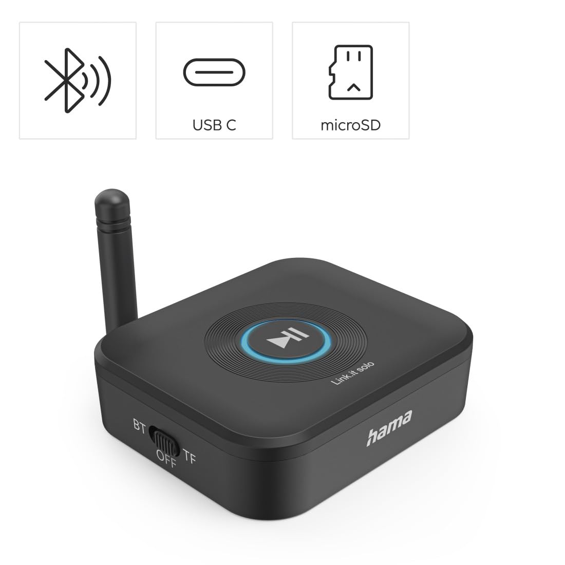 Bluetooth adapter for Hama stereo system and speaker (AUX connection with Bluetooth receiver with 3.5 mm jack, USB A to USB-C, microSD slot, automatic charger for two mobile phones/tablets, etc.)