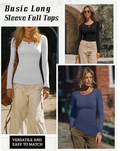 Riyiper 3 Pack Women's Long Sleeve Shirts Cotton Scoop Neck Tight Slim Fit Tops Casual Stretchy Basic Tee 2025 Fall Layer3