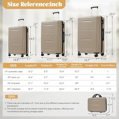 Image of 6 Pcs ABS Hardshell Luggage Set Spinner Wheel Suitcase Suitcase Khaki