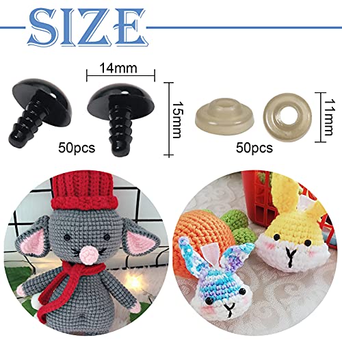 TOAOB 50pcs Safety Eyes 14mm Black Plastic Animals Doll Eyes with Washers for Crochet Craft Puppet Making - Image 2
