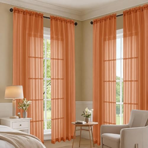 Image of Orange Bedroom Curtains 2 Panel Sets 96 Inch Length, 59 Inch Extra Wide Light Filtering Voile Drapes Light Airy Window Drapes for Patio Door Living Room Bedroom Dining, 59Wx96L Inches