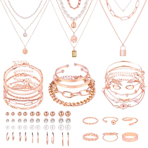 Image of NEWITIN 49 Pieces Gold Jewelry Set for Women Fashion Costume Jewelry Gold Plated Necklace Bracelet Ring Earrings Set for Women