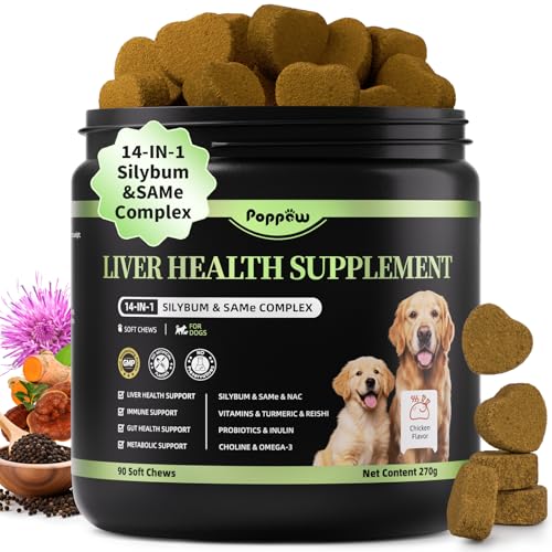 POPPAW Dog Liver Support Chews - with Milk Thistle (Silybum), Same & NAC - Liver Supplement for Metabolic - Detox - Gut & Immune Health - Chicken Flavor, 90 Soft Chews
