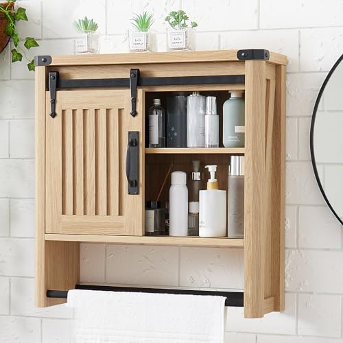 Bathroom Wall Cabinet, Farmhouse Medicine Cabinet with Sliding Barn Door & Adjustable Shelves, Wall Mounted Storage Cabinet for Toilet, Kitchen, Living Room (Natural Oak) - Image 4