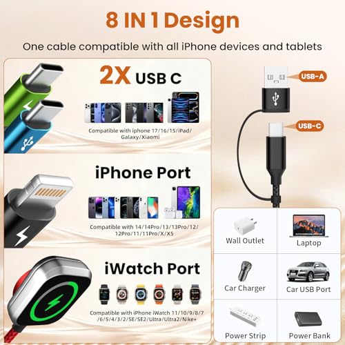 Image of Dual USB C Multi Charging Cable with iWatch Charger, 2 Pack 5FT Travel
