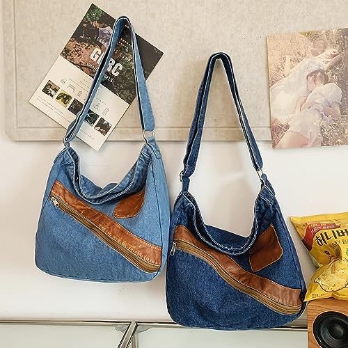 Image of Denim Purse for Women Men Tote Bag with Zipper Crossbody Blue Jean Purses Canvas Shoulder Bag Hobo Handbag