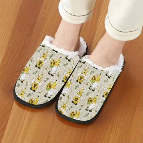 Fuzzy Travel Slippers for Women Men Indoor Outdoor Sunflower Bee Gnome Print Washable Bedroom Fluffy Slipper Fleece-Lined Fall Winter Warm Cozy Soft Plush Comfy House Shoes Holiday Gifts3