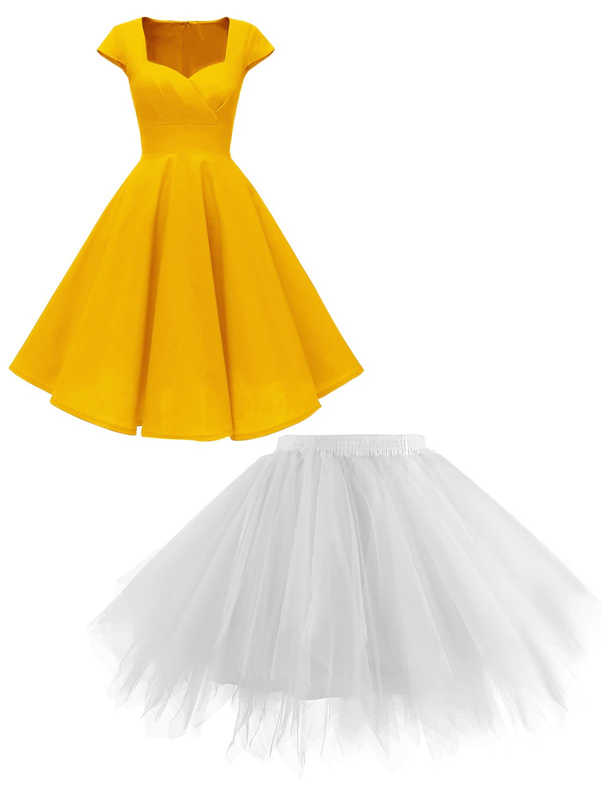 Hanpceirs Women's Cap Sleeve Vintage Dress Gold XL + 1950s Tutu Skirt Halloween Cosplay Christmas Party White L/XL