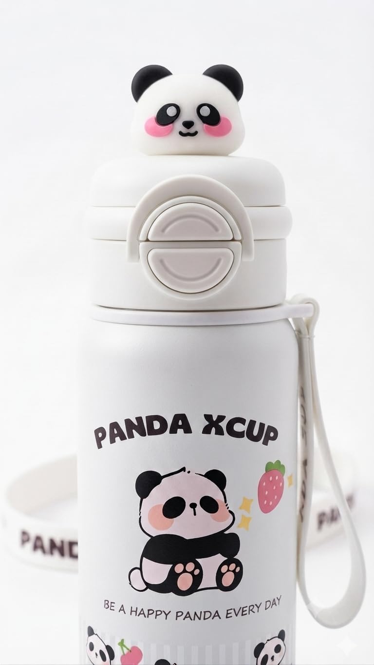Cute Panda Water Bottle, 2-in-1 Dual-Style Lid (white) | Leakproof Seal, Panda Figurine Topper, 24 cm Height, Wrist Strap Included-image-21