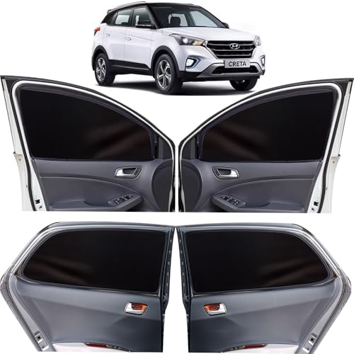 Image of OTO2EYE Car Sun Shade Compatible for Hyundai Creta Model 2020 to 2023, Z-Black Super Magnetic Grip, Front Window Zipper, Side Window Curtains, 4 Pieces Set