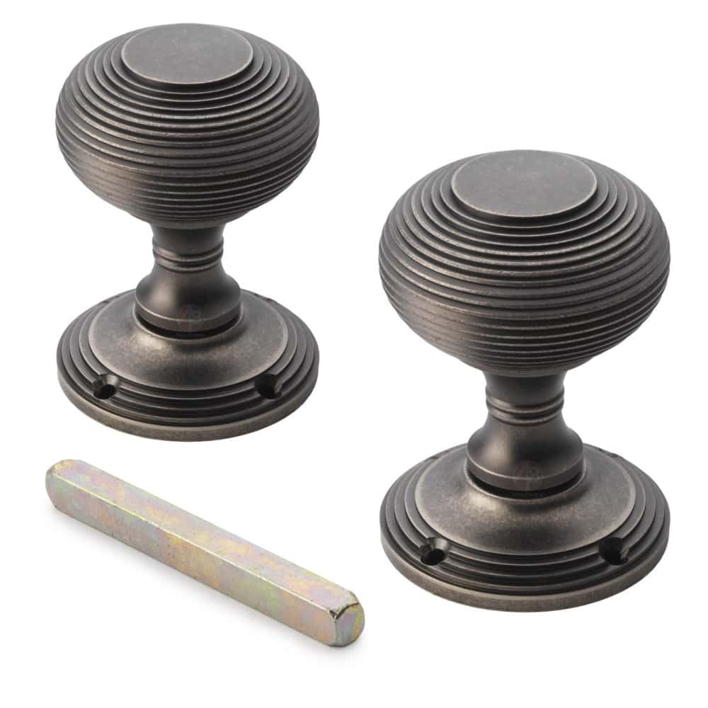 AB Hardware Pewter Beehive Mortice Door Knobs Pair – Solid Brass Reeded Victorian Style Door Handles – 55mm Traditional Interior Door Knobs with Backplates & Spindle