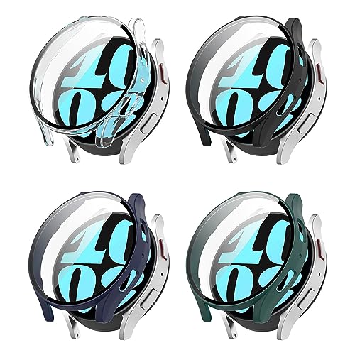 4 Pack Hard PC Protective Case Cover with Screen Protector for Samsung Galaxy Watch 6 44mm, Overall Protector Watch Bumper and Tempered Glass Screen Protector for Galaxy Watch 6