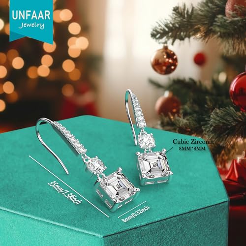 18K White Gold Plated Sterling Silver Square Asscher Cut Cubic Zirconia Dangle Earrings for Women Square CZ Diamond Drop Dangling Earrings for Women Mom3