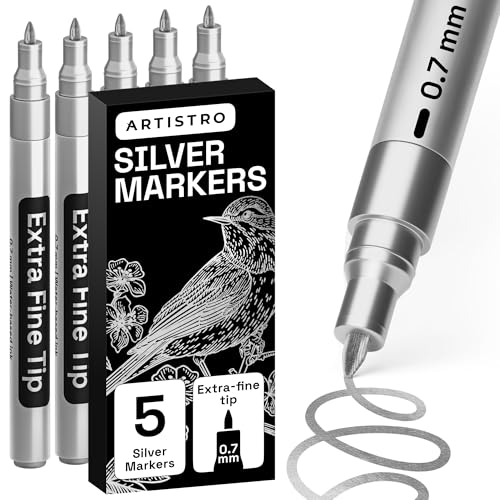 ARTISTRO 5 Silver Paint Pen for Rock Glass Ceramic Wood Tire Fabric Metal Canvas Marking Painting - Set of 5 Acrylic Paint Markers Water-based