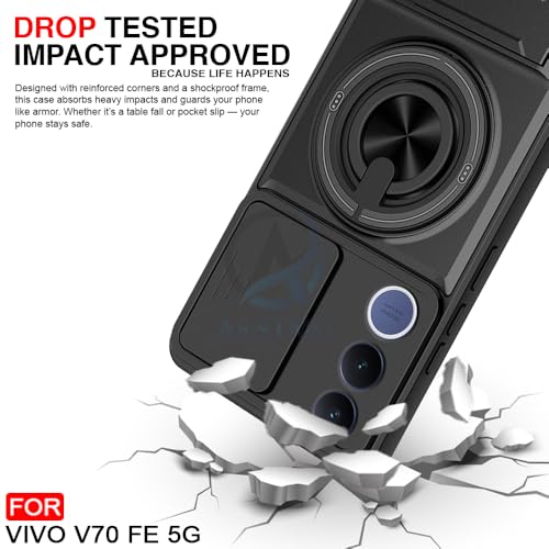 Image of AESTMO VIvo V70 FE 5G Back Cover | Armor Camera Slider 360 Degree Rotating Finger Ring Holder Case with Bracket Stand & Camera Protection Back Case Cover for VIvo V70 FE 5G (Black)