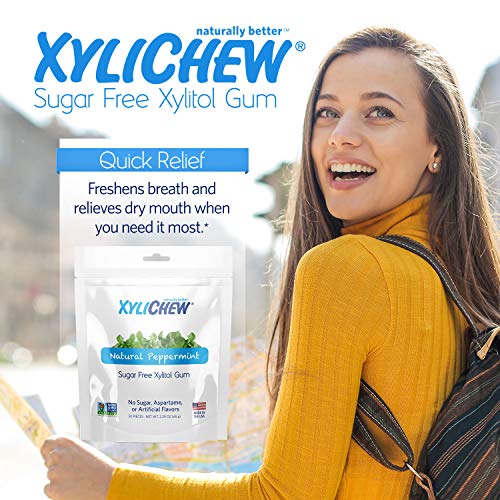 Xylichew 100% Xylitol Chewing Gum - Non GMO, Non Aspartame, Gluten Free, and Sugar Free Gum - Natural Oral Care, Relieves Bad Breath and Dry Mouth - Peppermint, 50 Count