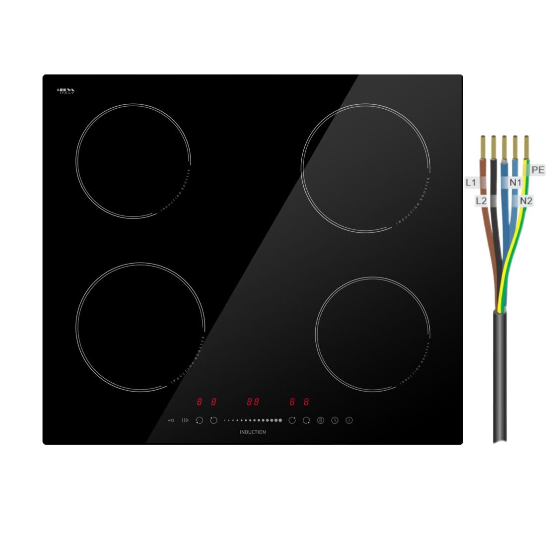 Płyta indukcyjna z 4 palnikami, 59 cm, 7400 W, płyta indukcyjna STARCHARTS z funkcją Boost, bezpieczeństwo dzieci, suwak dotykowy, pauza, timer, szkło Italy ILVA