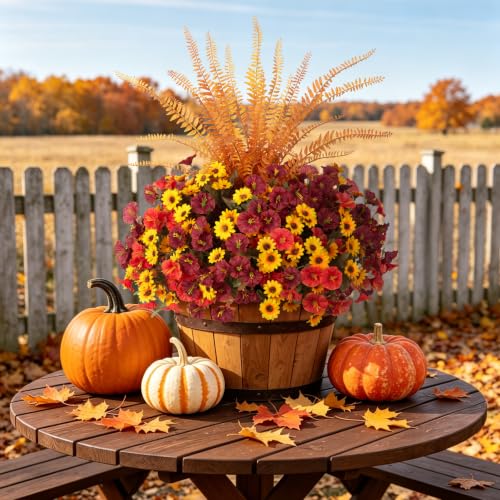 Image of Artificial Fall Mums Flowers Fake Plants for Outdoors Decoration | 8 PCS Silk Morning Glory, 4 PCS Mums with Faux Fern Realistic UV Resistant Flowers for Outside Planter Yard Patio Garden