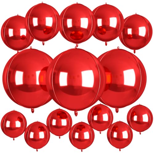 15 Pcs Red Round Foil Balloons 22/15/10 Inch 4D Ball Balloons Red Ball Balloon for Christmas New Year Graduation Birthday Wedding Anniversary Party Valentines Day Decorations