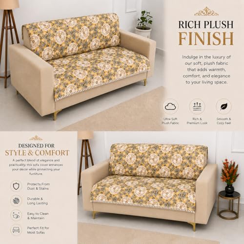 Image of Homerz Premium Printed Quilted Velvet Sofa Slip Cover Protector with Tassels, Sofa Mat, Exact Size, Antislip Cover (Antique Garden, 2 Seater, Full)