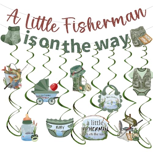 Luvsweets Fishing Baby Shower Decorations - 11 Pcs Gone Fishing Themed Boy Baby Shower Party Decorations A Little Fisherman Is on the Way Banner Hanging Swirls Ceiling Decor Party Supplies