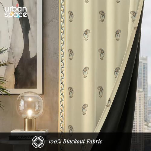 Image of Urban Space 100% Blackout Window Curtains 5 Feet Long Set of 2 | Printed Blackout Curtain | Thermal Insulated Curtains for Living Room, Bedroom Decor, Tieback Included (Jaipur Paisley Teal, 5 Feet)