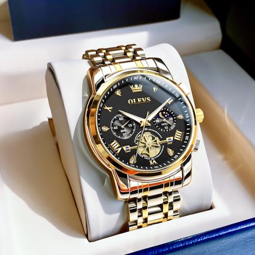 Image of OLEVS Men Watches Stainless Steel Chronograph Watch, Large Wrist Analog Quartz Watch, Fashion Waterproof Diamond Roman Numerals Dress Watches for Men, Gold /Black /White /Blue /Grey Dial