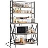 Topeakmart Freestanding Bakers Rack with Power Outlet and Storage Shelves for Kitchen, 64" H Wooden Kitchen Organizer Rack Utility Microwave Stand with X Designed Metal Support for Dining Room, Gray