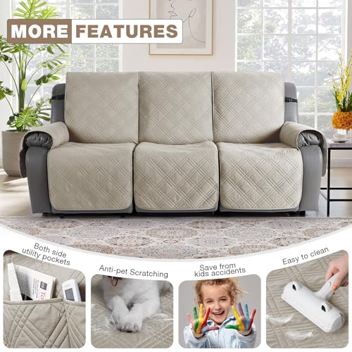 Image of TAOCOCO 100% Waterproof Recliner Sofa Covers 3 Seater Split Couch Covers for 3 Cushion Reclining Couch with Straps, Non Slip Reclining Couch Covers Furniture Protector for Kids Pets(3 Seater, Cream)