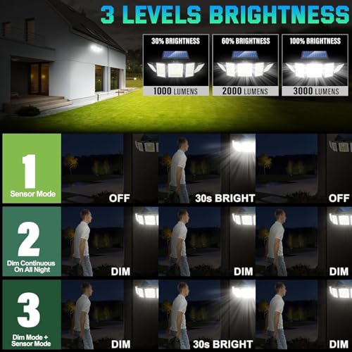Image of MDCMDCM Solar Lights Outdoor Waterproof Motion Sensor - 416 LEDs 3000 Lumens Super Bright 3 Brightness 3 Modes 2400mAh 360 Illumination 32ft Solar Flood Security Light for Outside (with Stakes, 2)