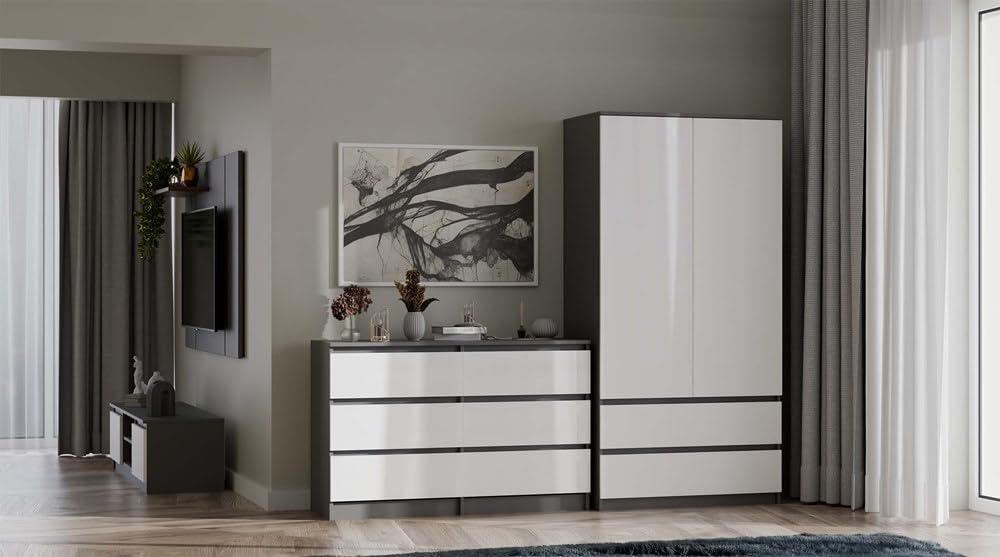 CDF Commode anthracite blanche avec 6 tiroirs, profondeur 30 cm, commode, pour salon, chambre à coucher, grand espace de rangement, convient pour organiser les vêtements, 120 cm de large, moderne