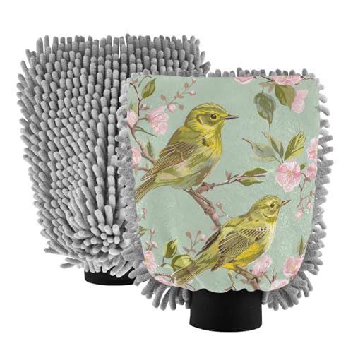 ALAZA Cherry Blossom Bird Car Wash Mitt Scratch Free, 2 Pack Absorbent Microfiber/Chenille Washing & Drying Mitts, L