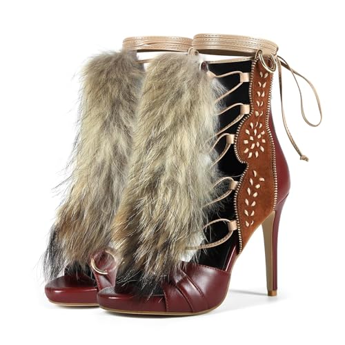 Frankie Hsu Handmade Stiletto Ankle High Heeled Sandal Bootie Brown Suede Furry Fuzzy Fur Fluffy Plush Gold Girl Shoes For Women