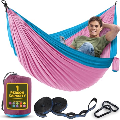 Image of Durable Hammock 400 lb Capacity, Nylon Camping Hammock Chair - Double or Single Sizes w /Tree Straps and Attached Carry Bag - Portable for Travel /Backpacking /Beach /Backyard (Medium, Fuchsia & Sky Blue)