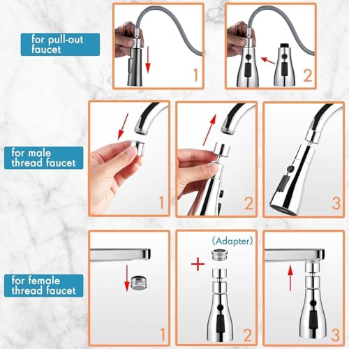 Image of 360 Rotating Kitchen Tap Extender, Flexible Faucet Attachment with 2 /3 Mode Spray Head, Universal Splash Filter Aerator, Chrome Plated Sink Tap Extension for Kitchen & Bathroom (Silver)