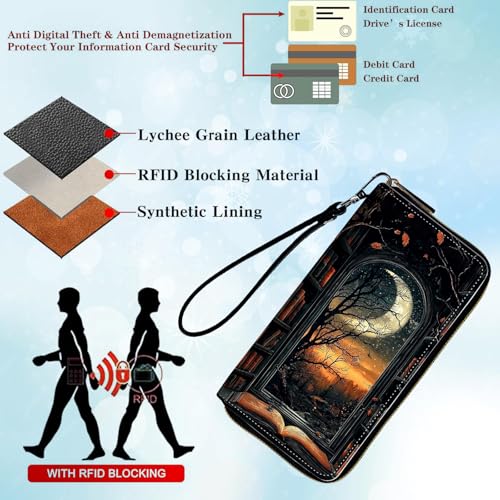 Womens Wallet, PU Leather RFID Cute Wristlet Wallets for Girls Women Ladies Purse Large Credit Card Clutch Purse Card Holder Coin Pocket Travel Wallets with Zipper, Bookshelf Moon3