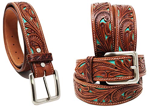 CHALLENGER 43-44 Men s Western Rodeo Fashion Tooled Floral Genuine Leather Belt Turquoise 2652RS