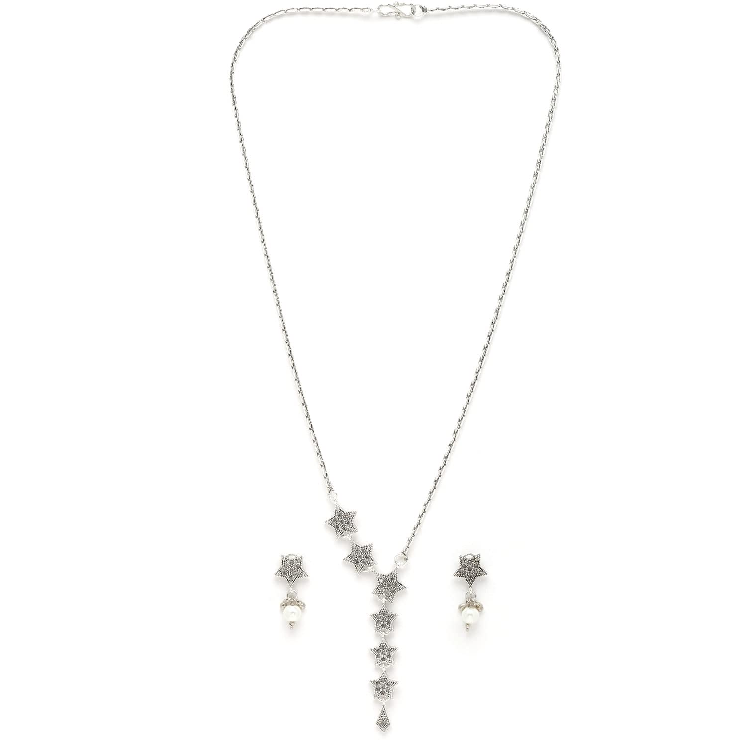 ZENEME Rhodium-Plated Cubic Zirconia & Pearl Studded Handcrafted Necklace With Earrings Jewellery Set For Girls and Women (B0CKFJKZKM) Amazon Price History, Amazon Price Tracker