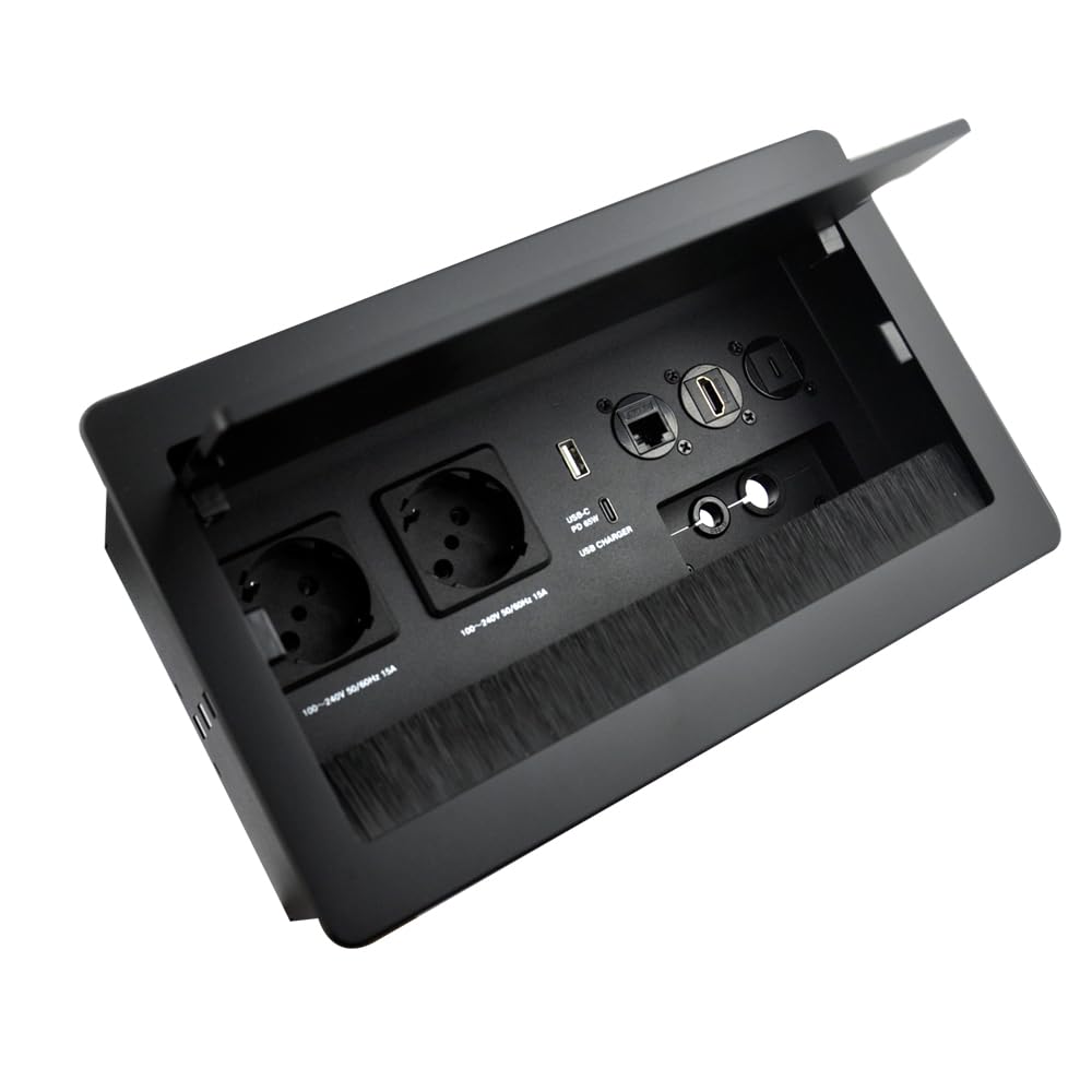Tomacorriente de mesa, regleta de enchufes con receptáculos encastrados de aluminio 2 x Schuko 1 x cargador USB-A+C (PD 65W) 1 x CAT6 1 x HDMI 1 x USB-C 1 x cable de alimentación de 1.7m 4 x agujeros