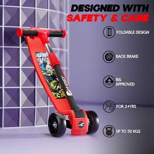 Image of Konex Kick Scooter for Kids (2+ Years) | 3 Broad Rubber Wheels for Smooth Ride | 4-Level Height Adjustable Handle | Foldable & Portable with Back Brake (Red-Black, ECO)