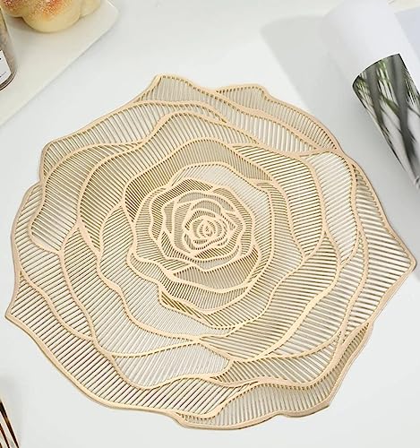 Image of Rose Design PVC Dining Table Placemat Set of 6 | Heat Resistant & Non-Slip Table Mats for Dining Table | Washable Decorative Place Mats for Kitchen & Dining | 38 x 36 CM (Gold, Rose)