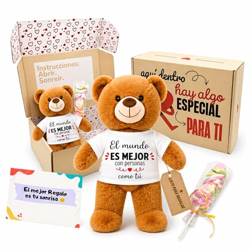 Peluchilandia Presentes originais para mulheres e amigas - ursinho de peluche com mensagem motivo em caixa presente - detalhe para aniversários, namorados ou dia da mãe (castanho)