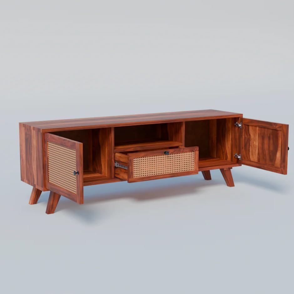 Image of Premium Solid Wood, 10 Minutes Assembly (Legs Only), Aesthetic Rattan Doors, Mid Century Entertainment Center for Living Room, TV Stand for 65 inch TV, Dark Chocolate (L-Lalai Fiinsh)