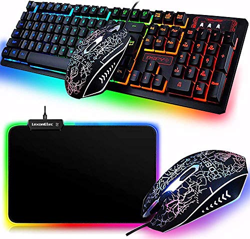 Gaming Keyboard and Mouse Combo,3 in 1, USB Wired 104 Keys Rainbow Gamer Keyboard and 2400 DPI Adjust 3 Color Crack…