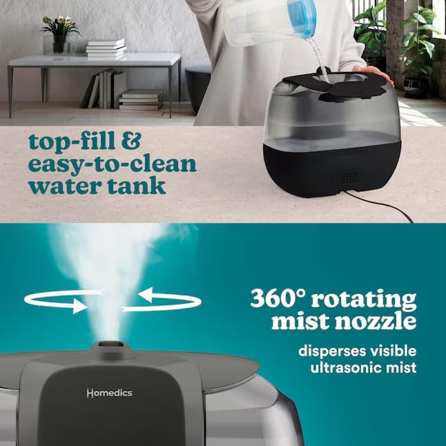Miniatura 9 de HOMEDICS Total Comfort Humidificador ultrasónico con tecnología UV-C niebla cálida y fría, llenado superior, 120 horas, 2 galones (para habitaciones
