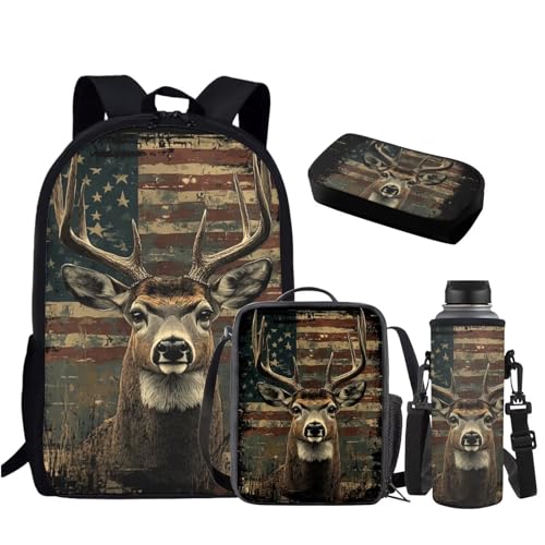 GIFTPUZZ Deer Boys Backpack with Lunch Box Pencil Case and Water Bottle Cover American Flag Backpack 10-12 for Sport School Cool Kids Bookbag Boys with Large Water Bottle Cover 4pcs