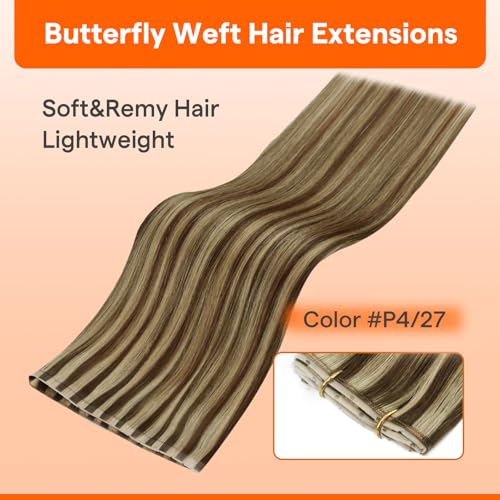 Image of Full Shine Butterfly Weft Hair Extensions Human Hair 20 Inch 100g | Brown Highlights Blonde, Fullness Boost, PU Hole Layer, Straight Natural Look, No Glue No Heat Method