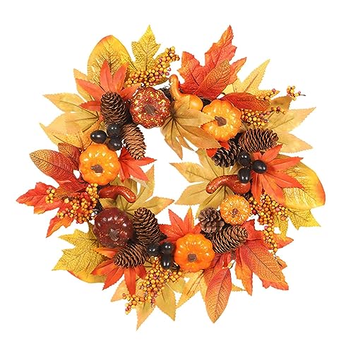 Corona de otoño, corona de arce de 40 cm, coronas con calabaza, coronas de Acción de Gracias, corona de puerta de cosecha para Halloween, casa de campo, exterior e interior